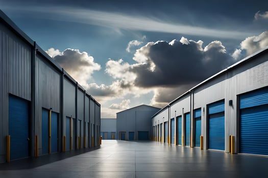 a storage facility with blue doors and a cloudy sky. AI-Generated photo