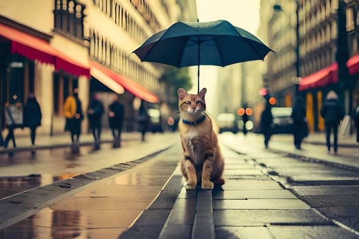 a cat is standing on a wet street with an umbrella. AI-Generated photo