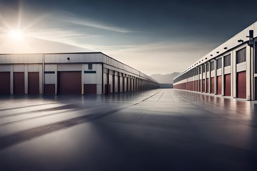 a long empty warehouse with a sun shining in the background. AI-Generated photo