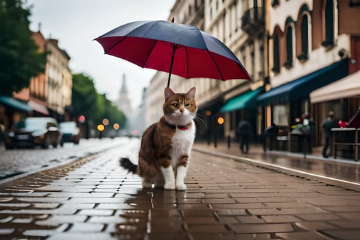 a cat is standing on a wet street with an umbrella. AI-Generated photo