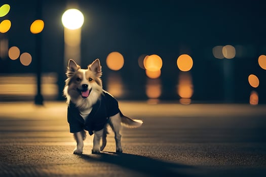 a dog wearing a jacket walking on a street at night. AI-Generated photo