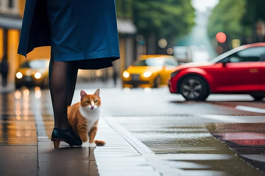 a woman in high heels and a cat on the street. AI-Generated photo