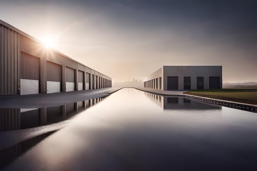 the sun is shining on a building with a waterway. AI-Generated photo