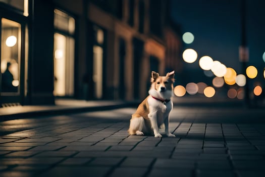 a dog sitting on the sidewalk at night. AI-Generated photo