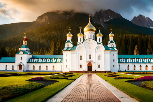 the white church in the mountains with green domes. AI-Generated photo
