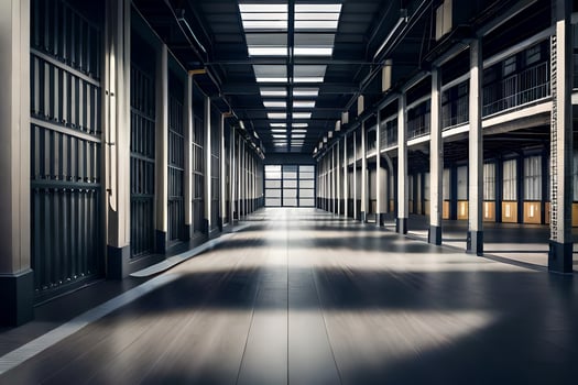an empty warehouse with a long hallway. AI-Generated photo