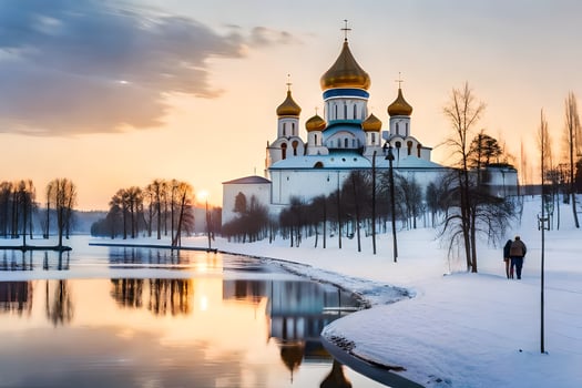 the sun sets over the russian cathedral in moscow. AI-Generated photo