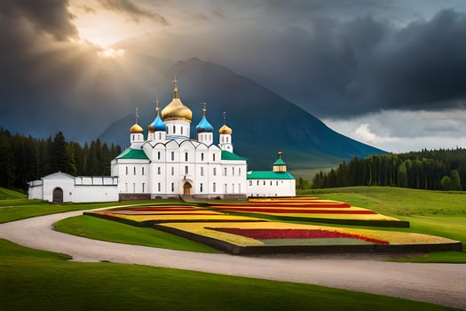 a beautiful white church in the middle of a field. AI-Generated photo