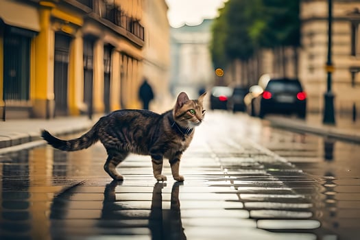 a cat walking across a wet street in the city. AI-Generated photo
