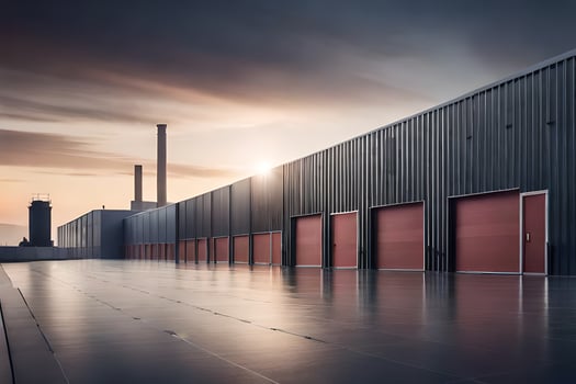 a row of red doors in front of a factory. AI-Generated photo