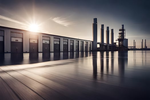 a factory with a large building in the background. AI-Generated photo