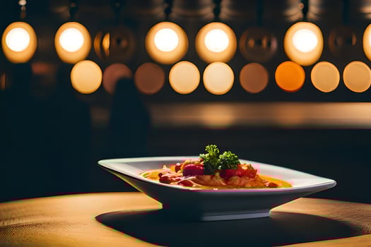 a bowl of food sits on a table in front of a light. AI-Generated photo