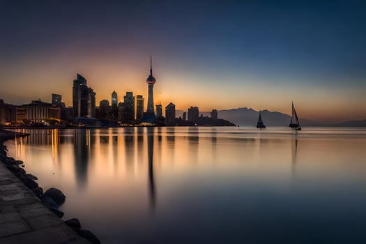 the city skyline at sunset in shanghai. AI-Generated photo