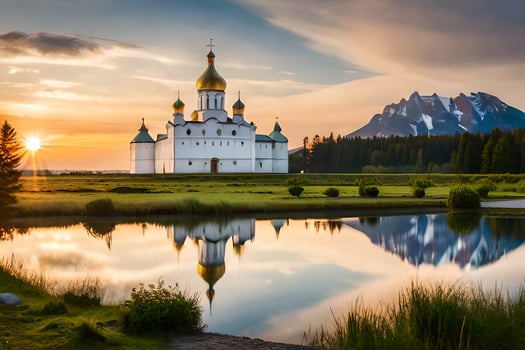 a church is reflected in the water at sunset. AI-Generated photo