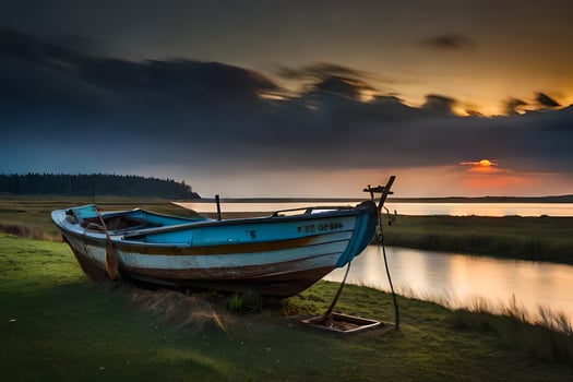 a boat sits on the shore of a river at sunset. AI-Generated photo