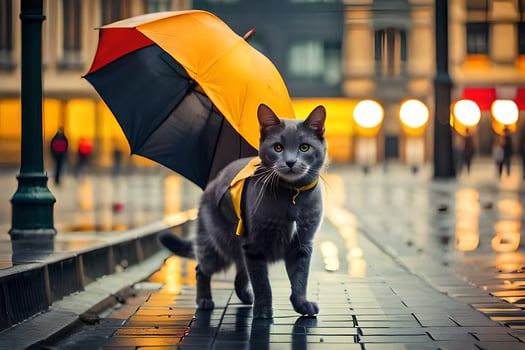 a cat walking on a wet street with an umbrella. AI-Generated photo