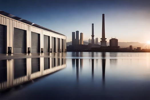 a factory building with a large water body in front of it. AI-Generated photo