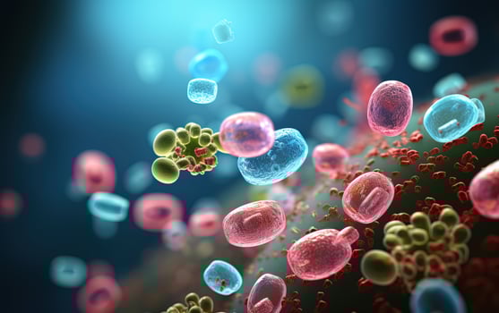 Medical sci-fi illustration with various cells and microorganisms on a blurred background photo
