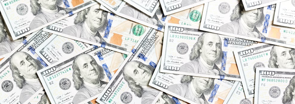 Top view of American money background. Pile of dollar cash. Paper banknotes concept photo