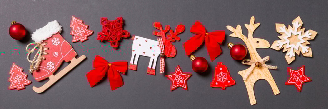 Christmas black background with holiday toys Banner and decorations. Happy New Year concept with empty space for your design photo