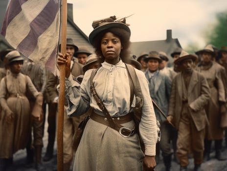 Historic colored photo of a woman leading a protest AI Generative