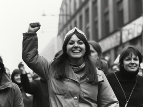 Historic colored photo of a woman leading a protest AI Generative