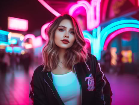 Plus size woman walking confidently through the vibrant neon lit streets AI Generative photo