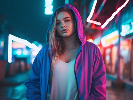 Plus size woman walking confidently through the vibrant neon lit streets AI Generative photo