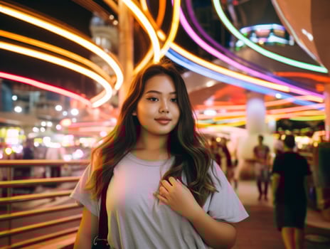 Plus size woman walking confidently through the vibrant neon lit streets AI Generative photo