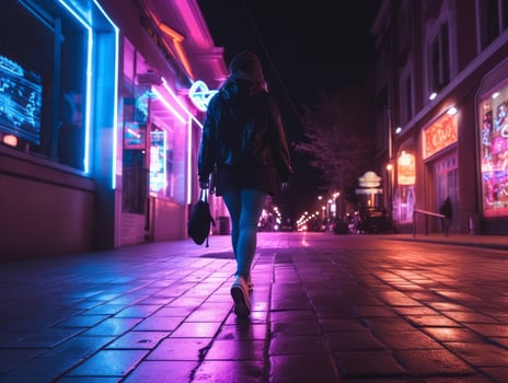 Plus size woman walking confidently through the vibrant neon lit streets AI Generative photo