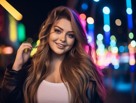 Plus size woman walking confidently through the vibrant neon lit streets AI Generative photo