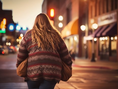 Plus size woman walking confidently through the vibrant neon lit streets AI Generative photo