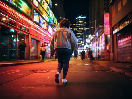 Plus size woman walking confidently through the vibrant neon lit streets AI Generative photo