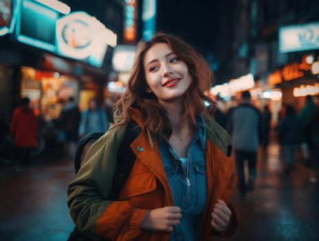 Plus size woman walking confidently through the vibrant neon lit streets AI Generative photo