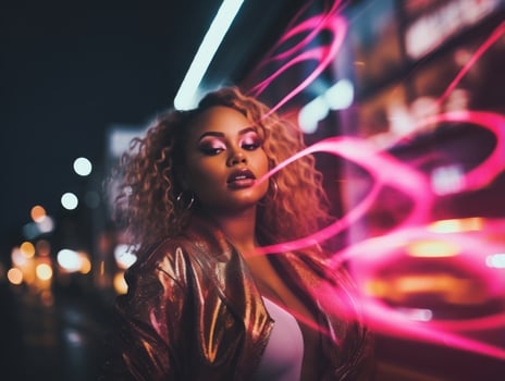 Plus size woman walking confidently through the vibrant neon lit streets AI Generative photo
