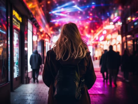 Plus size woman walking confidently through the vibrant neon lit streets AI Generative photo