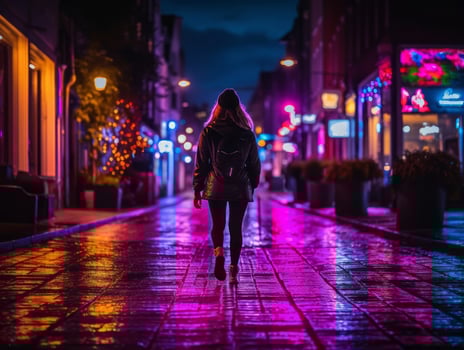 Plus size woman walking confidently through the vibrant neon lit streets AI Generative photo