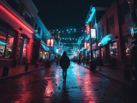 Plus size woman walking confidently through the vibrant neon lit streets AI Generative photo