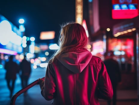 Plus size woman walking confidently through the vibrant neon lit streets AI Generative photo