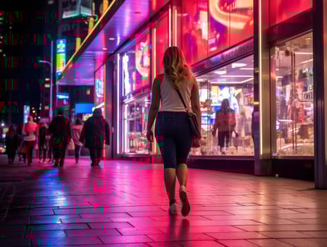 Plus size woman walking confidently through the vibrant neon lit streets AI Generative photo