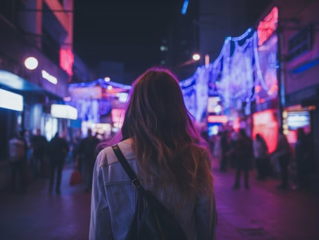 Plus size woman walking confidently through the vibrant neon lit streets AI Generative photo
