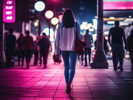 Plus size woman walking confidently through the vibrant neon lit streets AI Generative photo