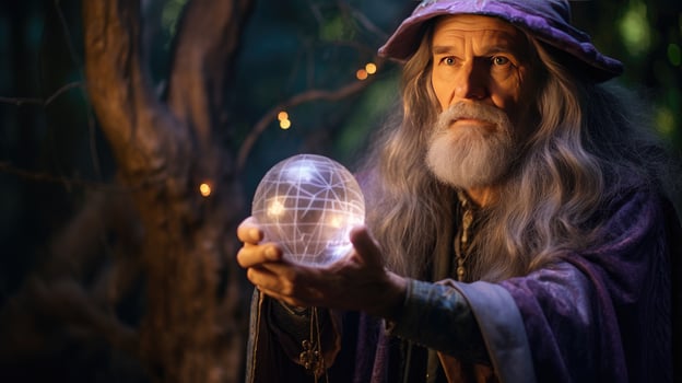 Wizard looking in crystal ball to predict future photo