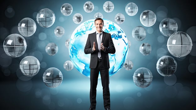 Smiling standing businessman with globe icon set world wide web concept Set of planet web symbols planet icon photo