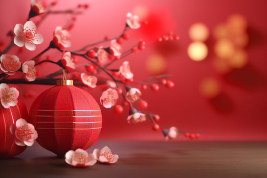 Chinese new year background with traditional lanterns, sakura flowers and copy space. Lunar new year concept by AI Generated photo