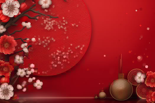 Chinese new year background with traditional lanterns, sakura flowers and copy space. Lunar new year concept by AI Generated photo