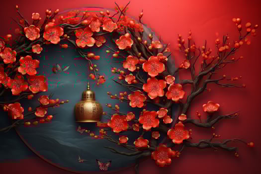 Chinese new year background with traditional lanterns, sakura flowers and copy space. Lunar new year concept by AI Generated photo