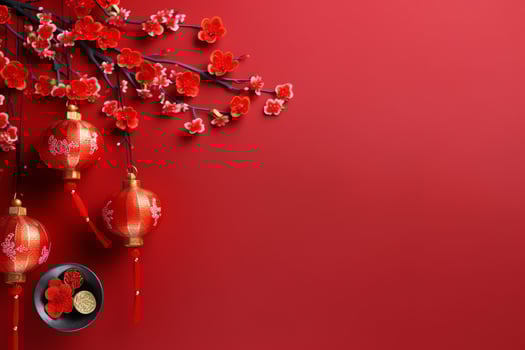 Chinese new year background with traditional lanterns, sakura flowers and copy space. Lunar new year concept by AI Generated photo
