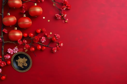 Chinese new year background with traditional lanterns, sakura flowers and copy space. Lunar new year concept by AI Generated photo