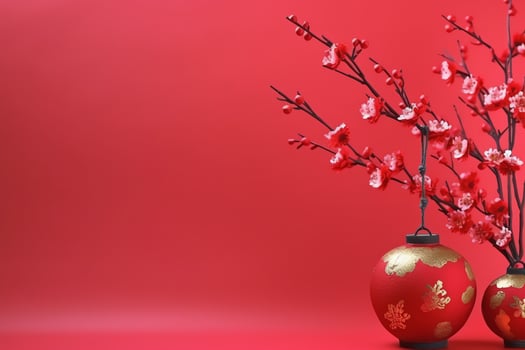 Chinese new year background with traditional lanterns, sakura flowers and copy space. Lunar new year concept by AI Generated photo